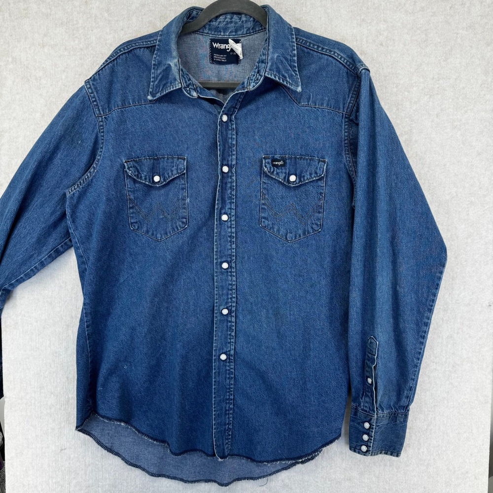 Vtg Wrangler Western Denim Pearl Snap Shirt Medium Wash Blue Cotton Reg 17-36